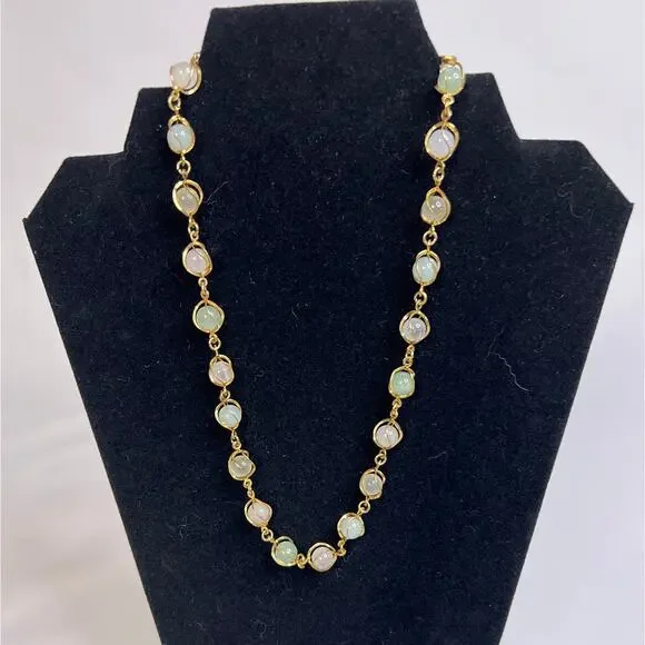 Vintage Topaz and Jade Bead and Chain Necklace Gold Tone - Picture 2 of 4